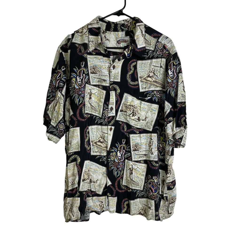 Reyn Spooner Art of Eddy Hawaiian Shirt Mens XL Black Photo Guitar Surf Beach